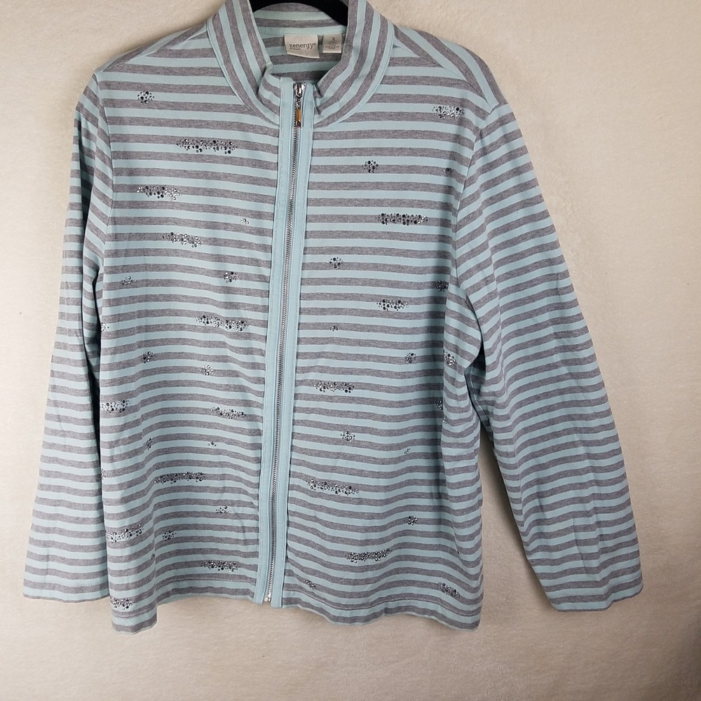 Chico's Zenergy Zip Jacket Women 3 XL Blue Grey Striped Rhinestone NWOT Athletic